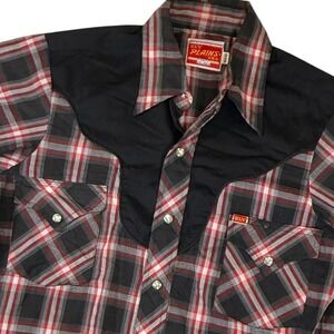 Vintage Ely Plains Plaid Western Snap Button Shirt Black Red 14 1/2 33 Small